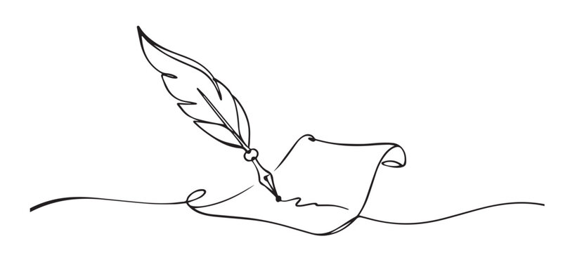 Handdrawn one line quill pen and paper, continuous line drawing of a feather writing tool beside paper, vintage writing concept.