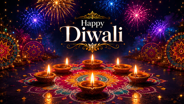 Happy Diwali greeting design with diyas, rangoli and colorful fireworks at night