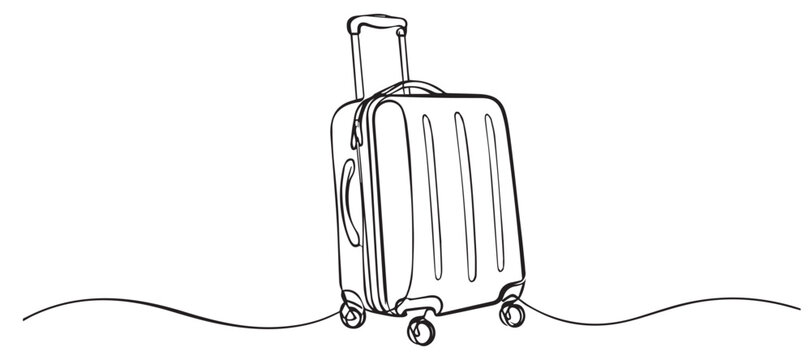 Handdrawn one line travel suitcase, continuous line drawing of a wheeled luggage bag with handle, travel, vacation, and journey concept.