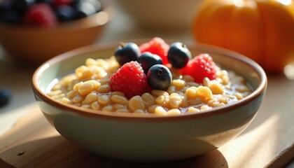 Obraz premium Breakfast bowl with creamy porridge, crunchy corn puffs and fresh blueberries and raspberries on wooden table, warm sunlight highlighting texture and steam rising,