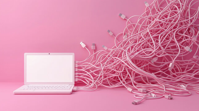 Monochromatic Pink Laptop Connected to Massive Tangle of Pink USB Cables