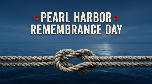 Pearl harbor remembrance day text over ocean with knotted rope