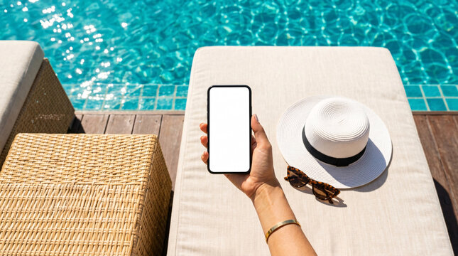 Hand holding a smartphone with a blank screen over a poolside lounger next to a straw hat and sunglasses, vacation relaxation concept