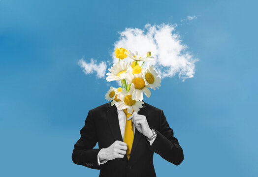 Digital collage, Businessman with spring flowers and, white clouds on blue sky	
