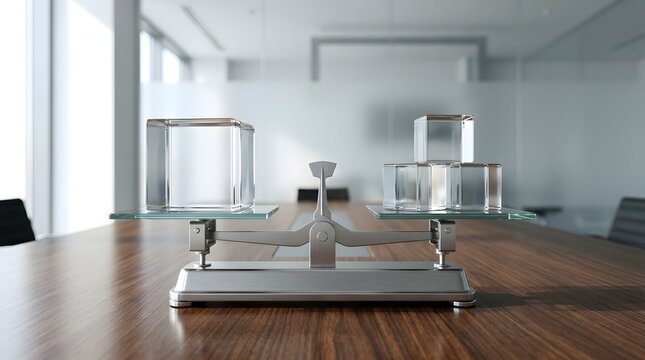 Metal balance scale on a wooden conference table with one large glass cube on the left and three smaller glass cubes on the right