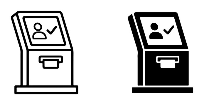 Interactive Kiosk Icons, Digital Self-Service Terminals, Touchscreen Information Booths, Automated Ticketing Machines, Vector Graphics for Public Access