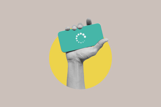 Digital collage modern art. Hand holding mobile smartphone, with network connection icon on screen 