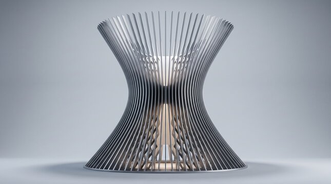 Futuristic parametric sculpture with metallic vertical slats. Modern architectural hourglass structure. Silver metal abstract art installation.
