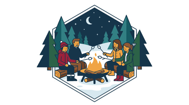 Group of friends roasting marshmallows around campfire at night in pine forest vector badge. EPS Editable