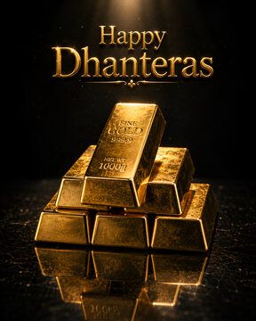 Happy Dhanteras Greeting Banner with Stacked Fine Gold Bullion Bars on Dark Background
