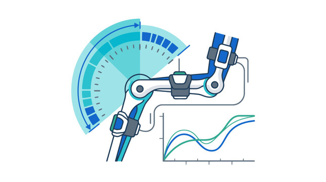 Medical exoskeleton robotic knee joint brace with digital motion sensor and biomechanics data graph illustration. EPS Editable