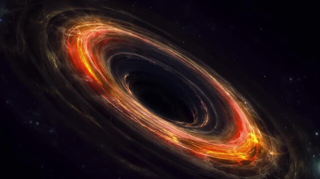 Swirling Accretion Disk Around Black Hole in Deep Space with Glowing Cosmic Dust and Stars Cinematic Visual Effect for Science Fiction Backgrounds