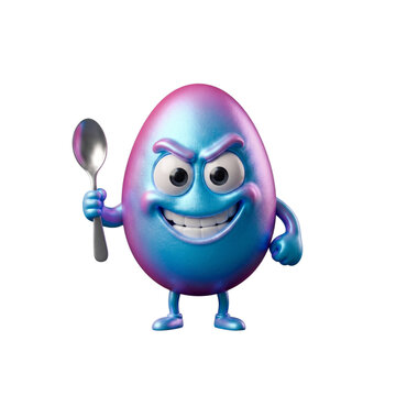 Funny 3D evil easter egg character with a mischievous smile holding a metal spoon