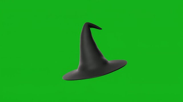 Floating 3D witch hat on green screen for Halloween event promotion, spooky video overlays, social media campaigns, and commercial compositing.