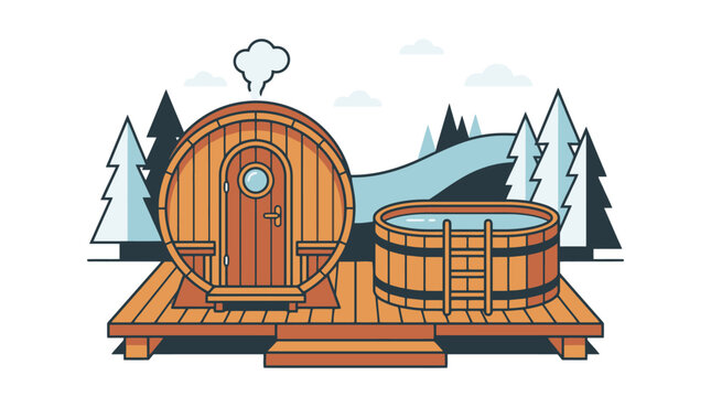 Outdoor wooden barrel sauna and hot tub on deck in winter forest vector illustration. EPS Editable