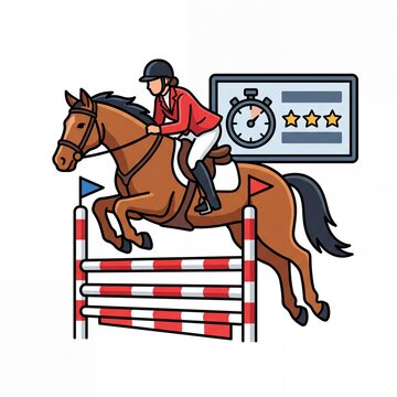 Equestrian athlete jumping horse over hurdle at professional event