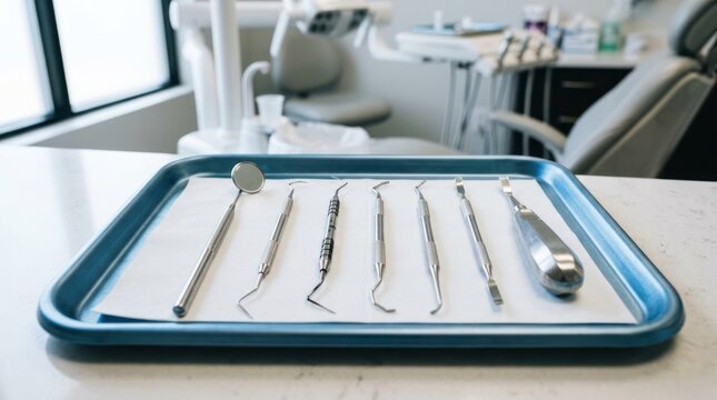 Dental examination tools arranged on tray for procedure