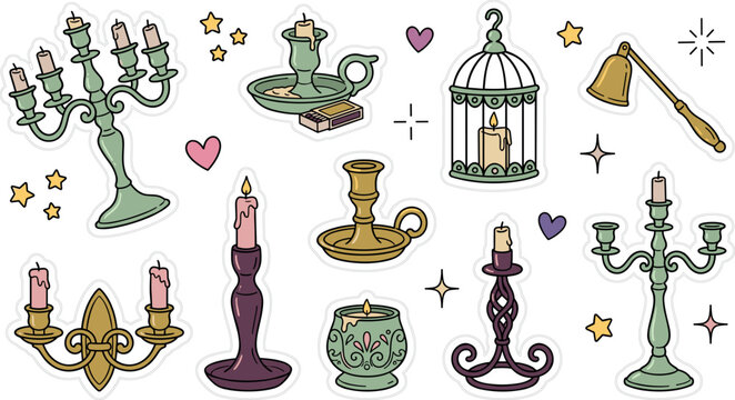 Charming sticker vector collection of vintage candle holders and lanterns featuring candelabras wall sconces snuffer and cute doodle style lighting icons