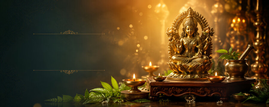 Goddess Lakshmi Statue with Burning Brass Diyas and Copy Space Header Banner
