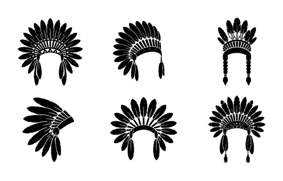Native American Headdress Vector Icons, Indigenous Feather War Bonnets, Tribal Headwear Graphics, Cultural Symbols Collection