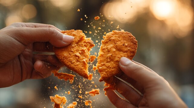 Two hands breaking a crunchy cookie outdoors at sunset