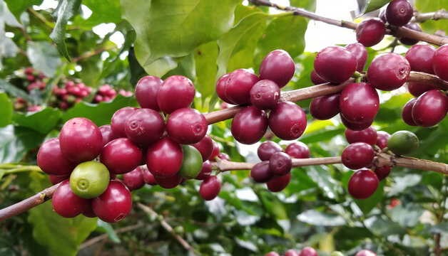 Ripe red Arabica Catimor coffee cherries growing on tree branches in an orchard farm, Vietnam