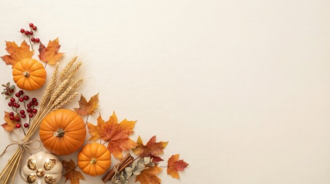 Autumn harvest composition with pumpkins wheat fall leaves on a neutral background harvest fest flat lay