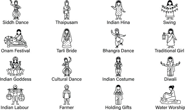 Indian culture traditions and religious festival celebrations thin line icons set containing traditional dancers apparel and ethnic symbols