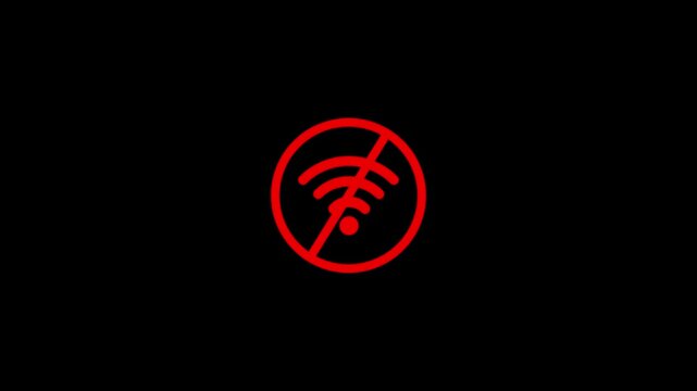 No wi-fi signal animation, red offline connectivity symbol on black background, connection wifi internet