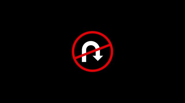 No u-turn traffic sign animation on black background, uturn