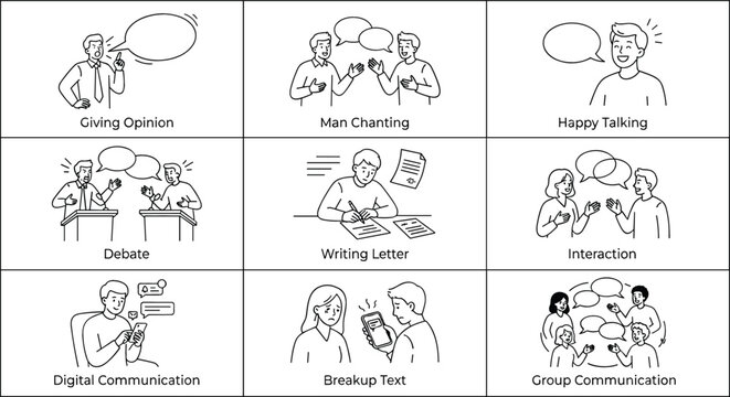 Social interaction and interpersonal communication thin line illustrations featuring public debate digital chat group discussion and relationship breakup