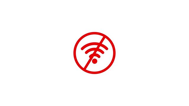 No wi-fi symbol animation: red signal disconnected on white background, wifi internet connection offline