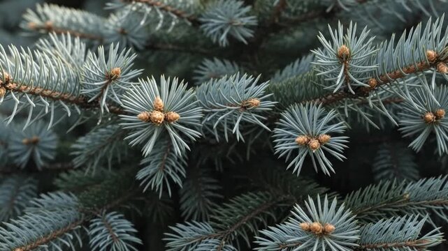 A close-up of blue spruce pine branches with fresh bud growth glistening in natural light.