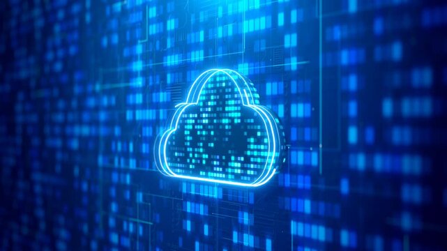 Digital cloud icon glowing with binary data stream on a blue background representing modern cloud computing technology and secure virtual storage infrastructure.