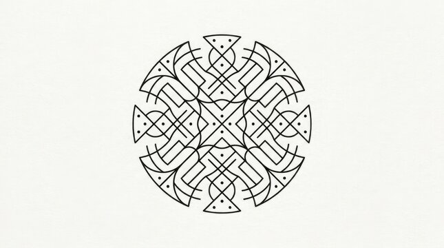 Black geometric circular mandala line art on white background