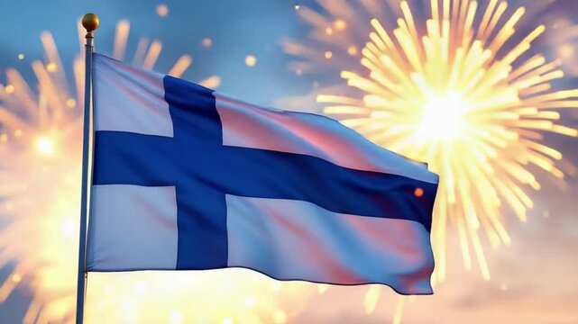 Finnish flag waving against festive fireworks in the night sky