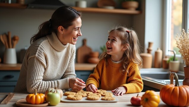 Happy mother and daughter baking cookies together in cozy autumn kitchen surrounded by pumpkins and apples, enjoying quality family time at home.