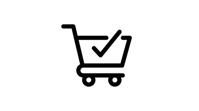 Black shopping cart icon with checkmark on white background
