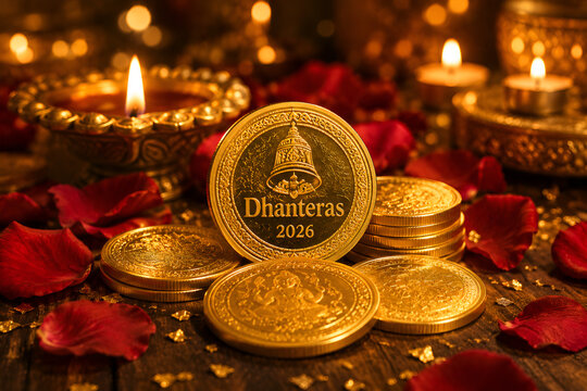 Dhanteras 2026 Gold Coins with Burning Diyas and Red Rose Petals on Wooden Table
