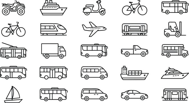 Transportation and logistics vehicles thin line icons collection featuring bus train airplane cargo ship truck and passenger car