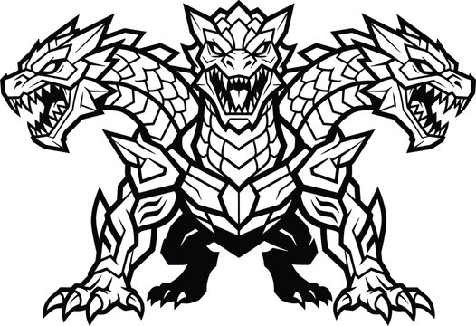 Three headed dragon hydra monster black and white line art vector illustration for gaming mascot or mythical creature tattoo design
