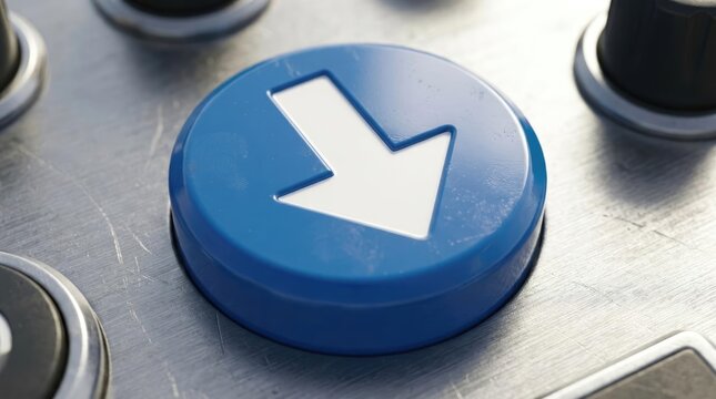 Blue industrial button with down arrow on metal panel