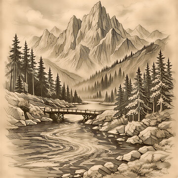 Vintage line art illustration of majestic mountain valley with wooden bridge and river