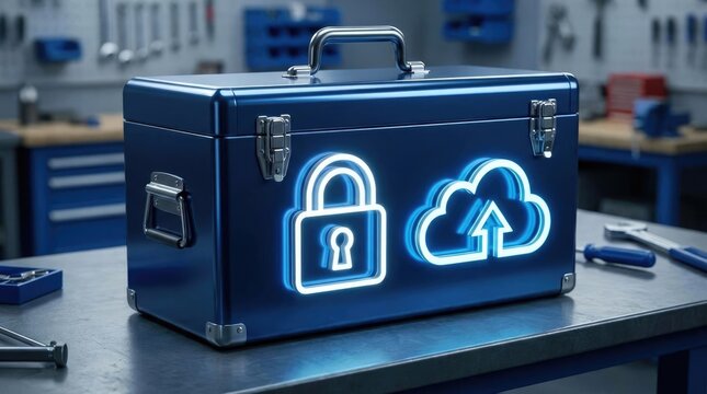 Blue metal toolbox with glowing cloud and lock icons