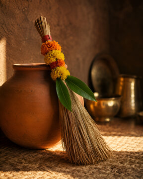 Traditional Broom with Marigold Flowers Leaning on Clay Pot for Dhanteras Ritual
