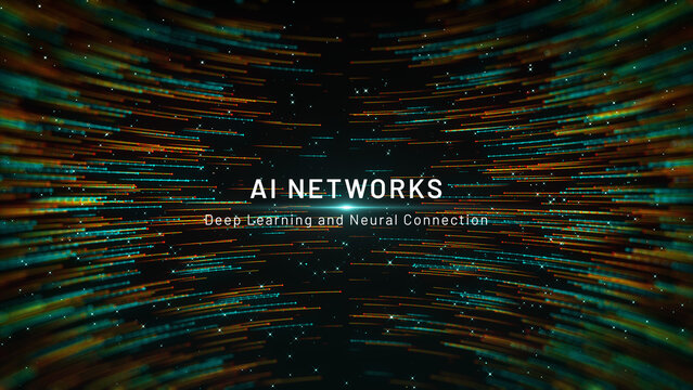 Futuristic particle trails frame an AI Networks title, creating a cinematic digital background for deep learning, neural connections, artificial intelligence, data technology, and innovation.