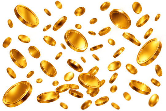 Falling Shiny Gold Coins Rain Explosion on Black Background 3D Illustration
