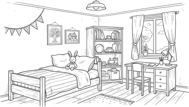 Cozy kids bedroom interior vector illustration with wooden bed desk bookshelf toys window and coloring book page