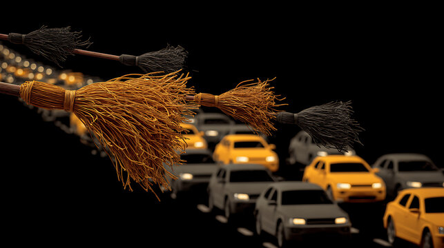 black and white taxi with halloween witch broom