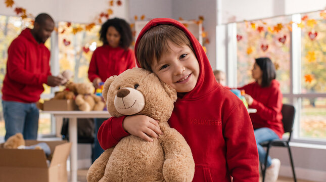 A tender child in a red volunteer hoodie hugs a teddy bear to donate on Giving Tuesday, ideal for toy drive posters and heartfelt social media campaigns.